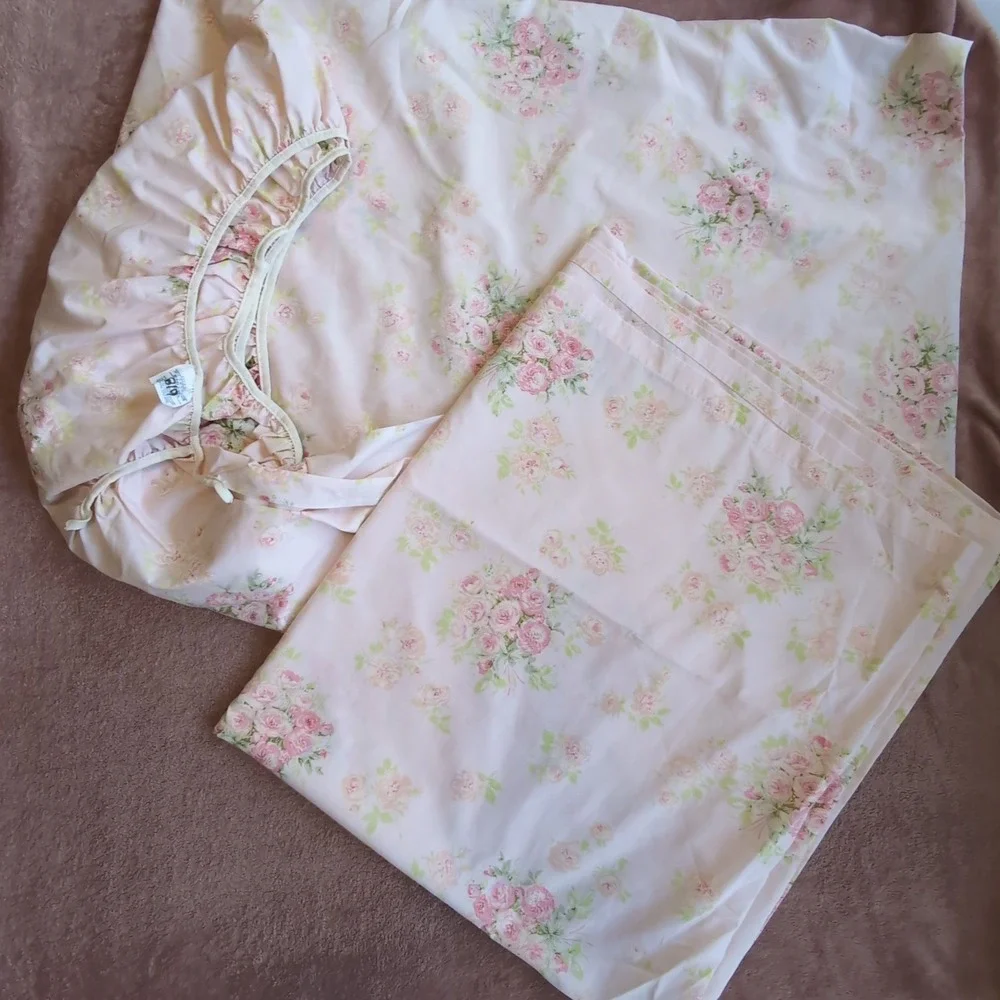 Vintage Springmaid Wondercale Percale Double Sheet Set Full Pink Floral Rose